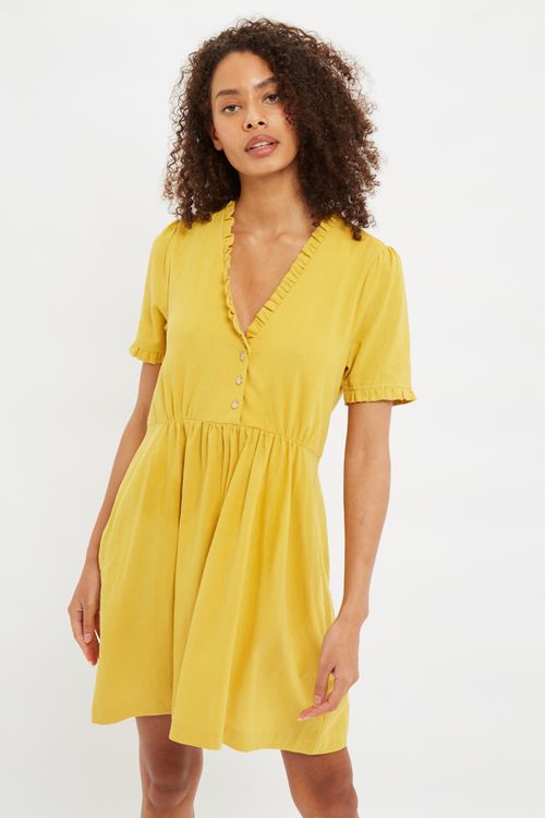 Louche Cosima V Neck Short Sleeve Mini Dress In Mustard