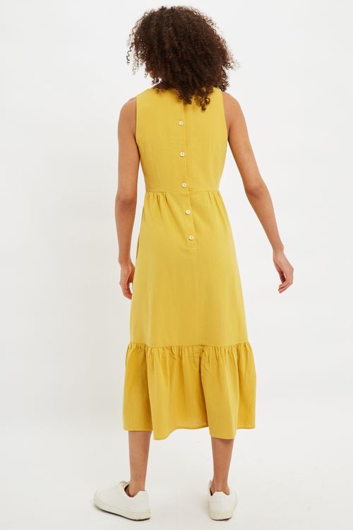Louche Hilla Sleeveless Square Neck Midi Tiered Dress In Mustard