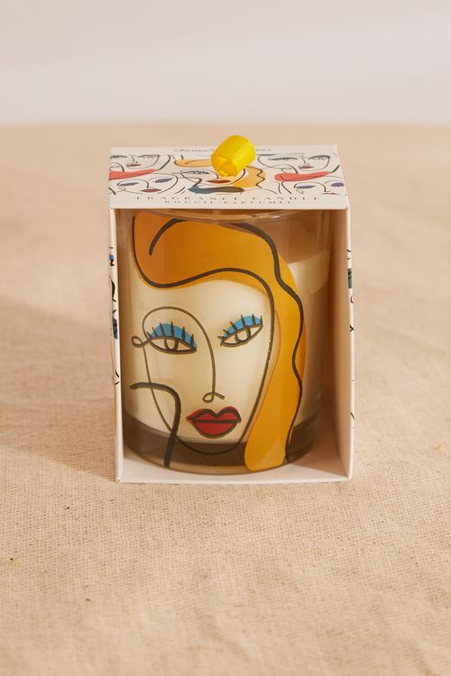 Yellow Abstract Face Design Glass Candle Pot