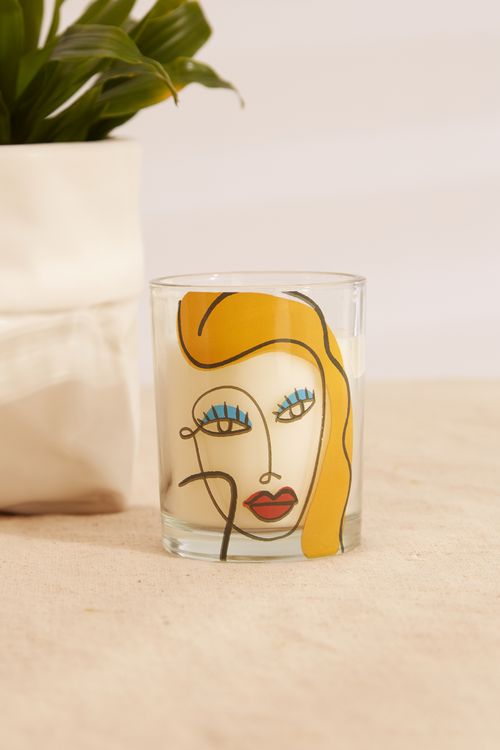 Yellow Abstract Face Design Glass Candle Pot