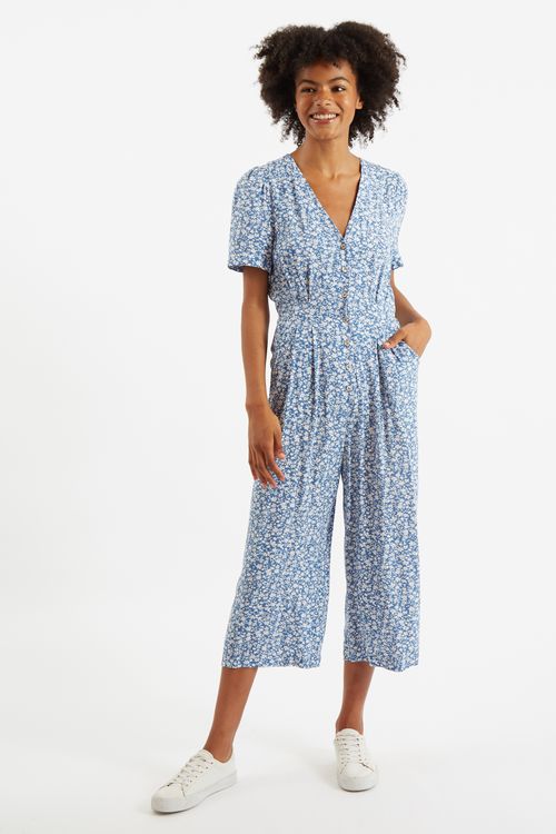 Louche Belen Micro Blossom Print Short Sleeve Jumpsuit In Blue