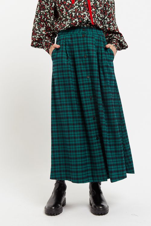 Louche Bia Winter Gingham Midi Skirt in Green and Black