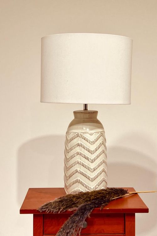 Zigzag Relief Pottery Base Lamp With Linen Shade